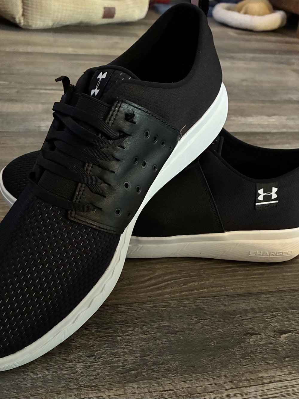 Under Armour Men’s Black and White Slip-On Lace-Detail Sneakers